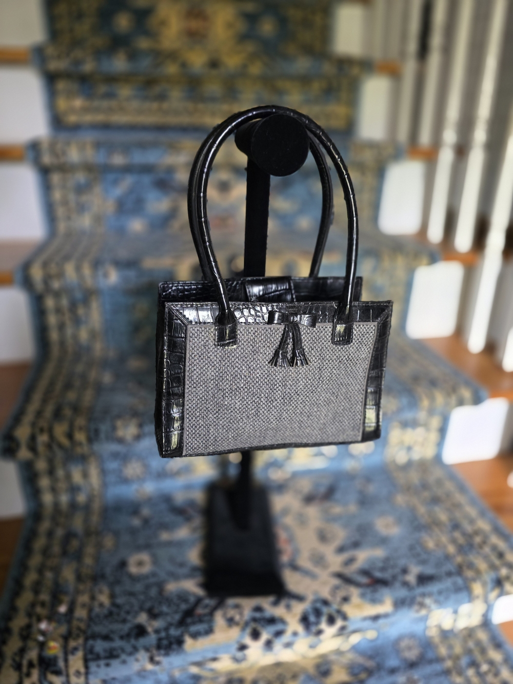 Liz Claiborne Classic Black & Gray Tote Handbag with Tassel Accent
